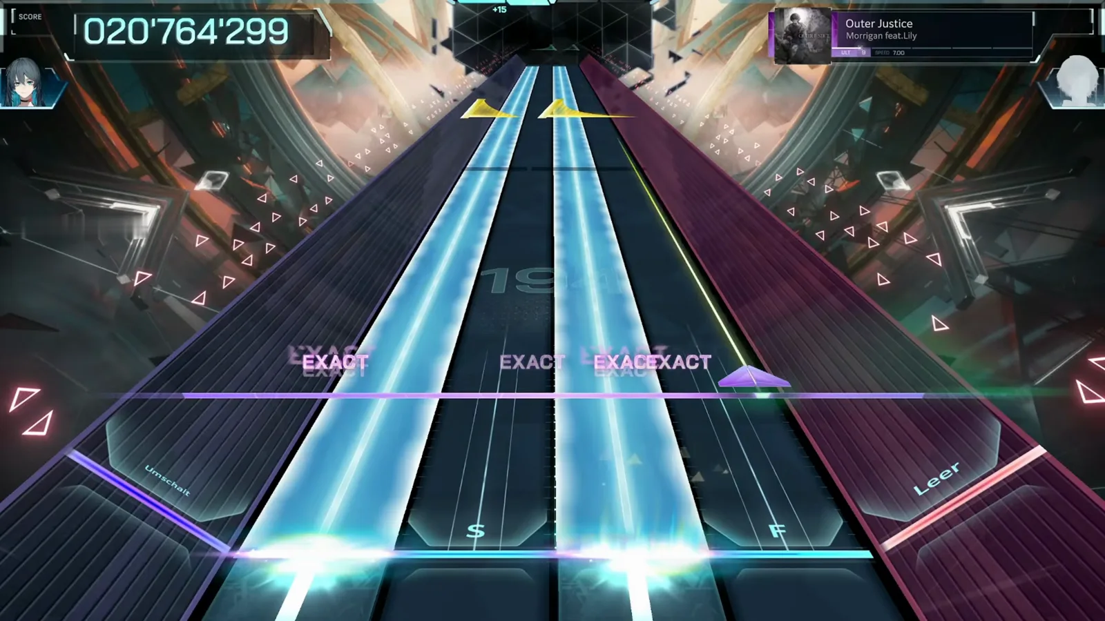 Yellow flick wedges Two yellow flick wedges drop over twin cyan beams in the Outer Justice ULT 9 chart in In Falsus, with four EXACT judgements stacking on the same line at score 020'764'299