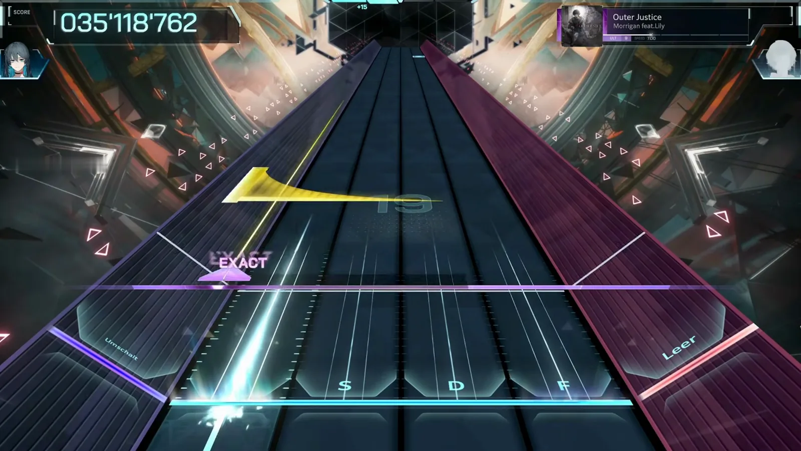 The yellow scratch arc A full yellow scratch arc sweeps across the left and center lanes of the Outer Justice ULT 9 highway in In Falsus while an EXACT lands on the purple wedge at the judgment line