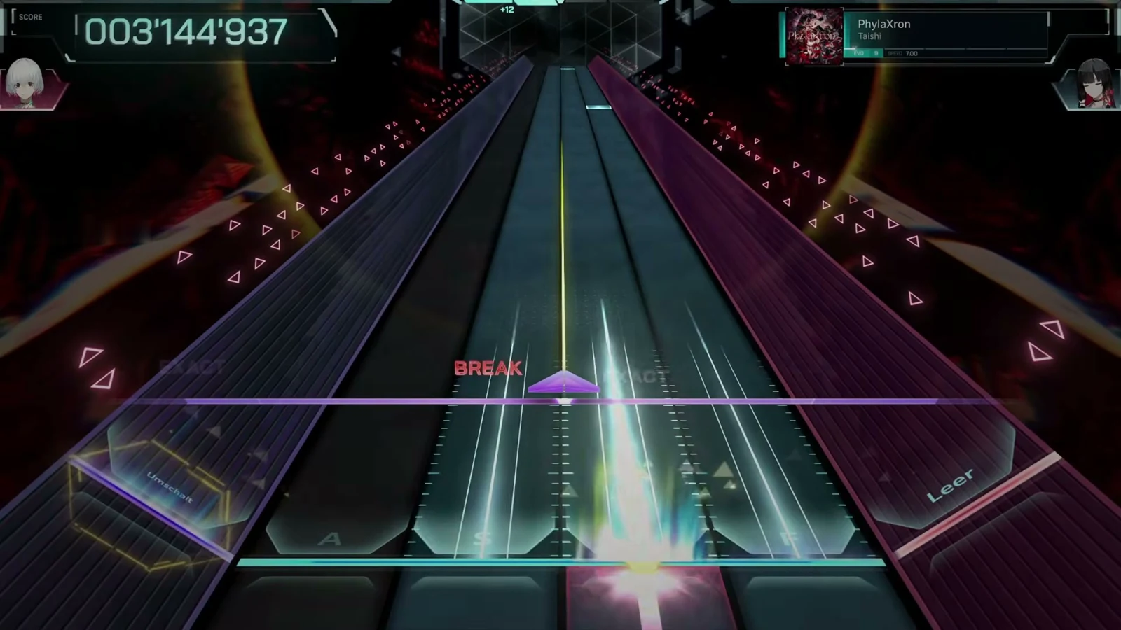 BREAK tag posting beside an EXACT at 003'144'937 in In Falsus's PhylaXron EVO 9 chart