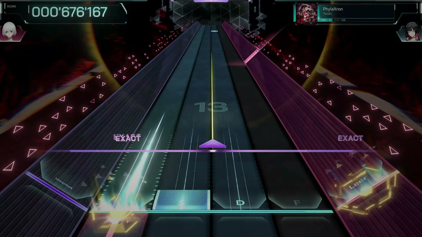 First notes of PhylaXron EVO 9 crossing the judgement line as the In Falsus HUD reaches 000'676'167 with the combo at 13