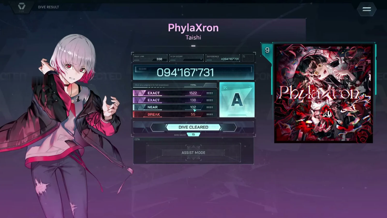 DIVE RESULT card printing rank A beside 094'167'731 with EXACT 1522 + 138, NEAR 102 and BREAK 55 on PhylaXron EVO 9 in In Falsus