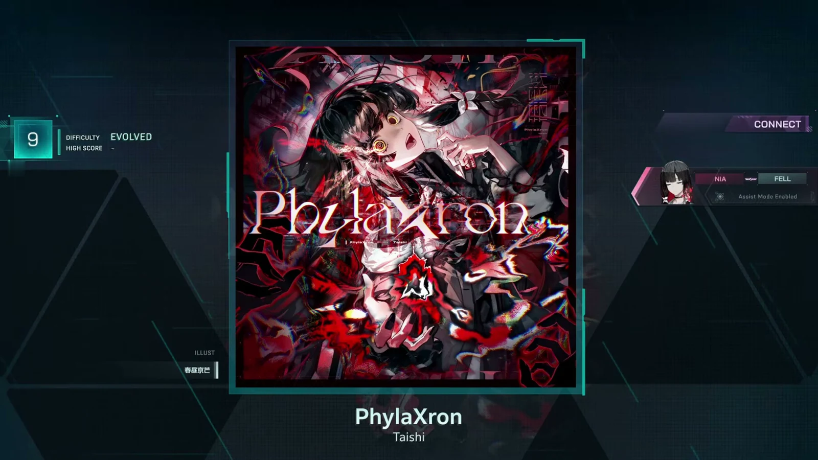 In Falsus song detail screen for PhylaXron by Taishi at EVOLVED 9 with HIGH SCORE still a dash and Assist Mode Enabled beside the CONNECT button