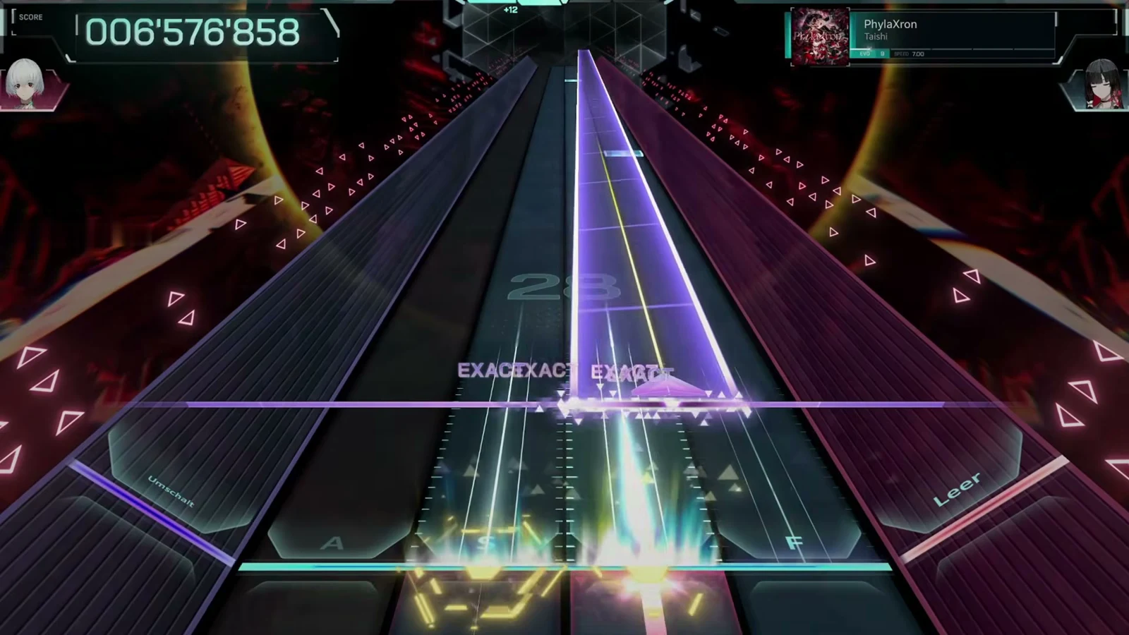 Full-width violet wide beam under three EXACT tags in In Falsus's PhylaXron EVO 9 chart at 006'576'858 with the combo at 28