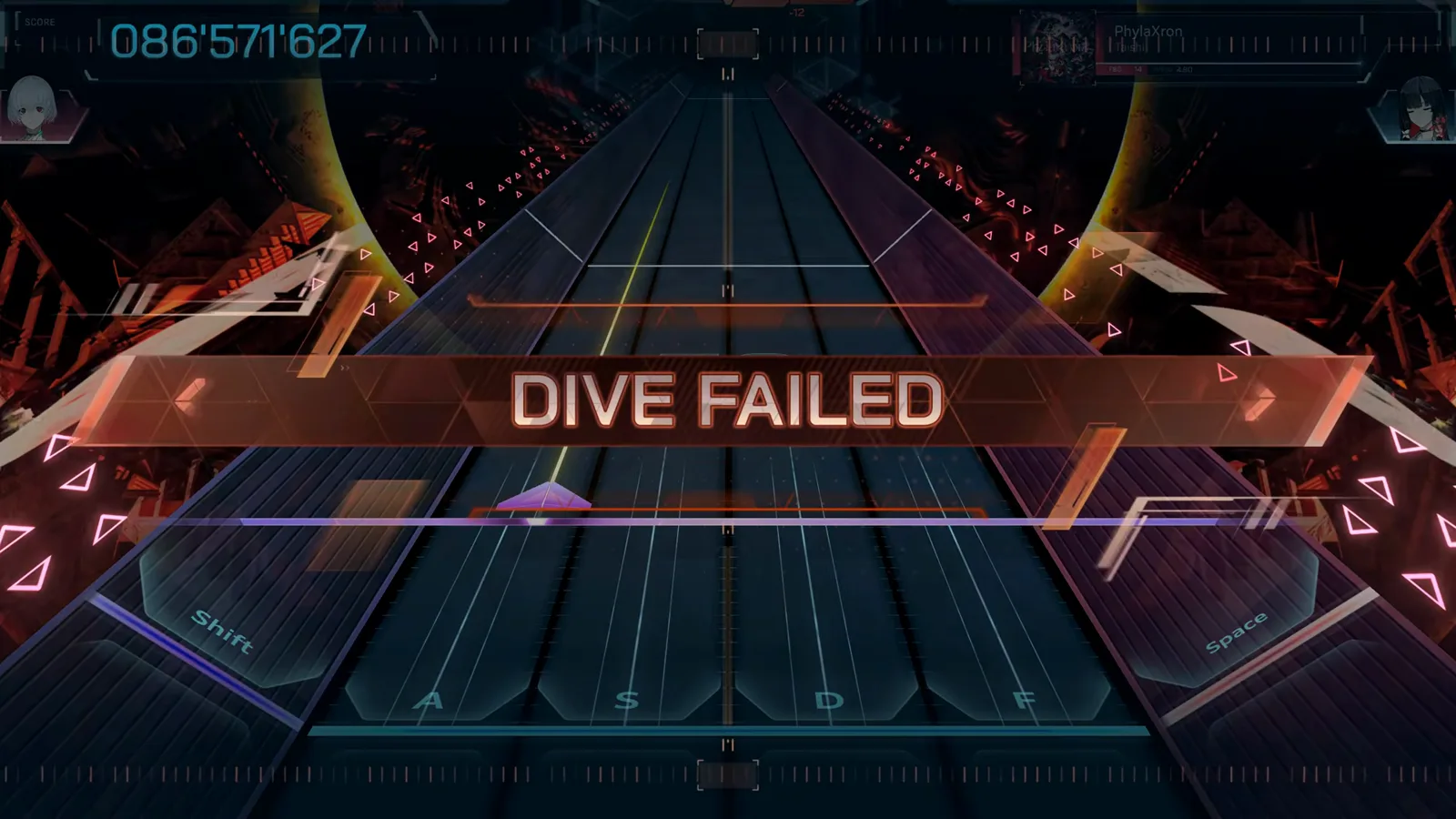 DIVE FAILED In Falsus DIVE FAILED banner over the empty PhylaXron FBD 14 highway with the play HUD dimmed and frozen at 086'571'627 and a violet triangle unjudged at the line
