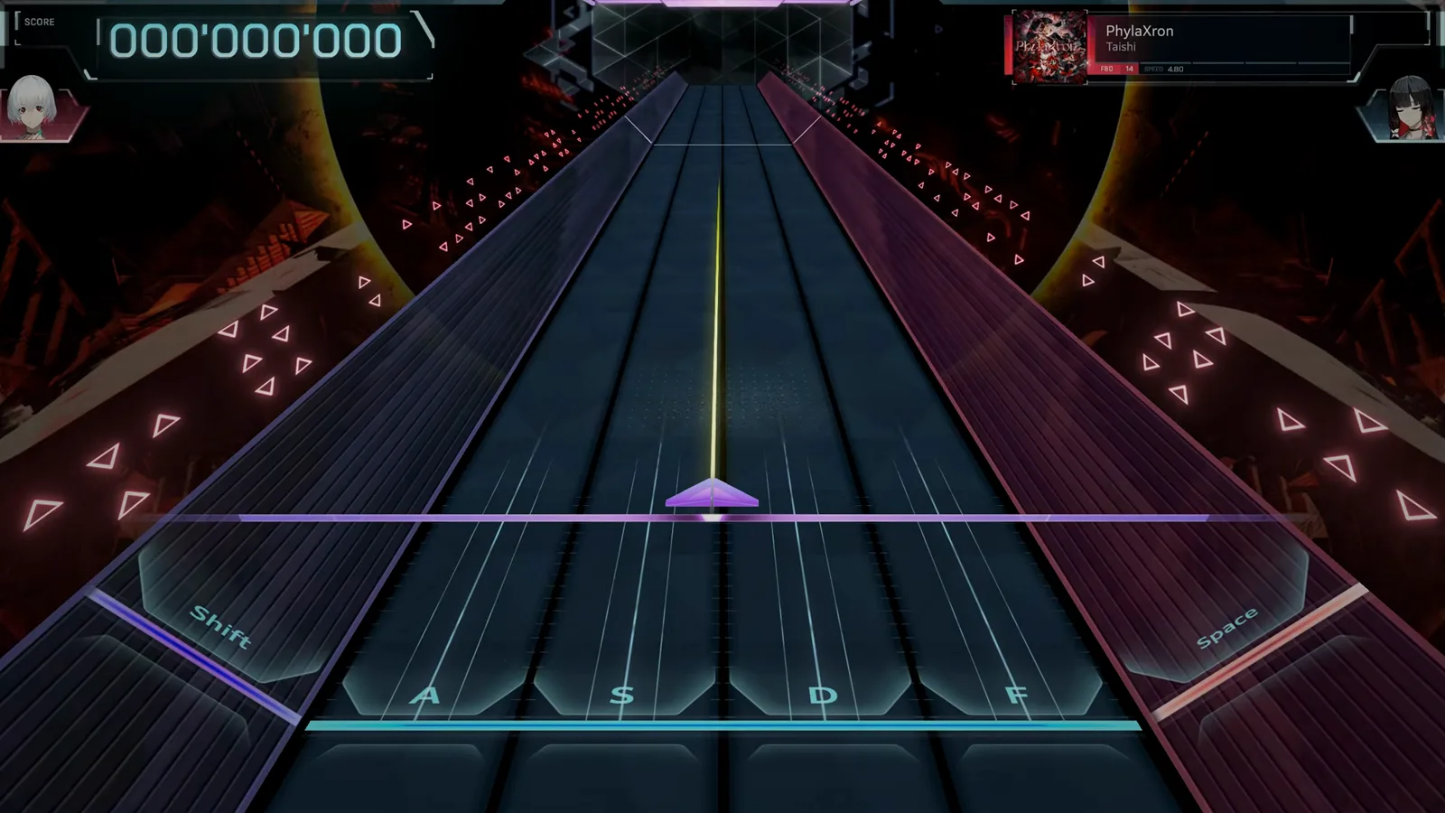 Highway ready, zero score In Falsus empty highway before PhylaXron FBD 14 at 000'000'000 with lane keys Shift, A, S, D, F, Space and the first violet triangle descending the center
