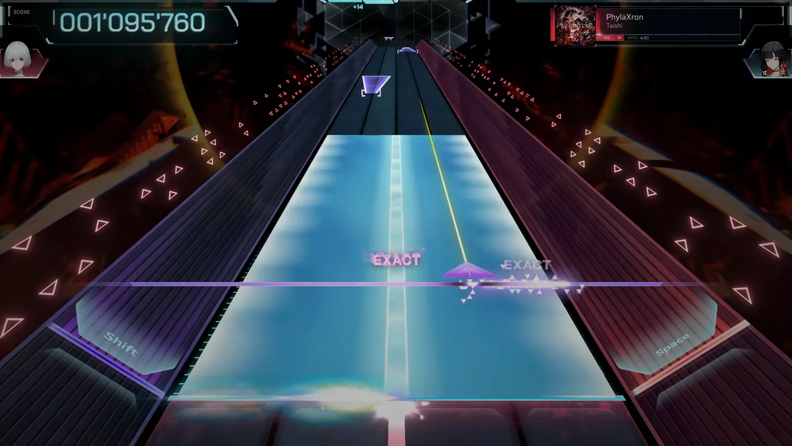 Full-width cyan opening In Falsus PhylaXron FBD 14 opening with a full-width cyan panel under an EXACT row at score 001'095'760 and a violet triangle hold riding the center