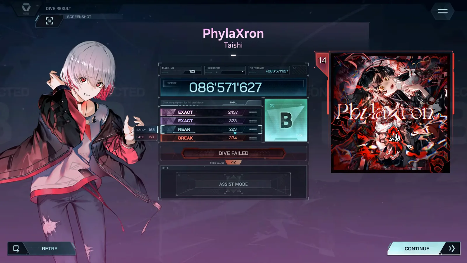 Result card, rank B In Falsus PhylaXron FBD 14 result card with rank B, score 086'571'627, MAX LINK 123, HIGH SCORE —, DIFFERENCE +086'571'627, EXACT 2437 + 323, NEAR 223, BREAK 334 and MISS GAUGE -12