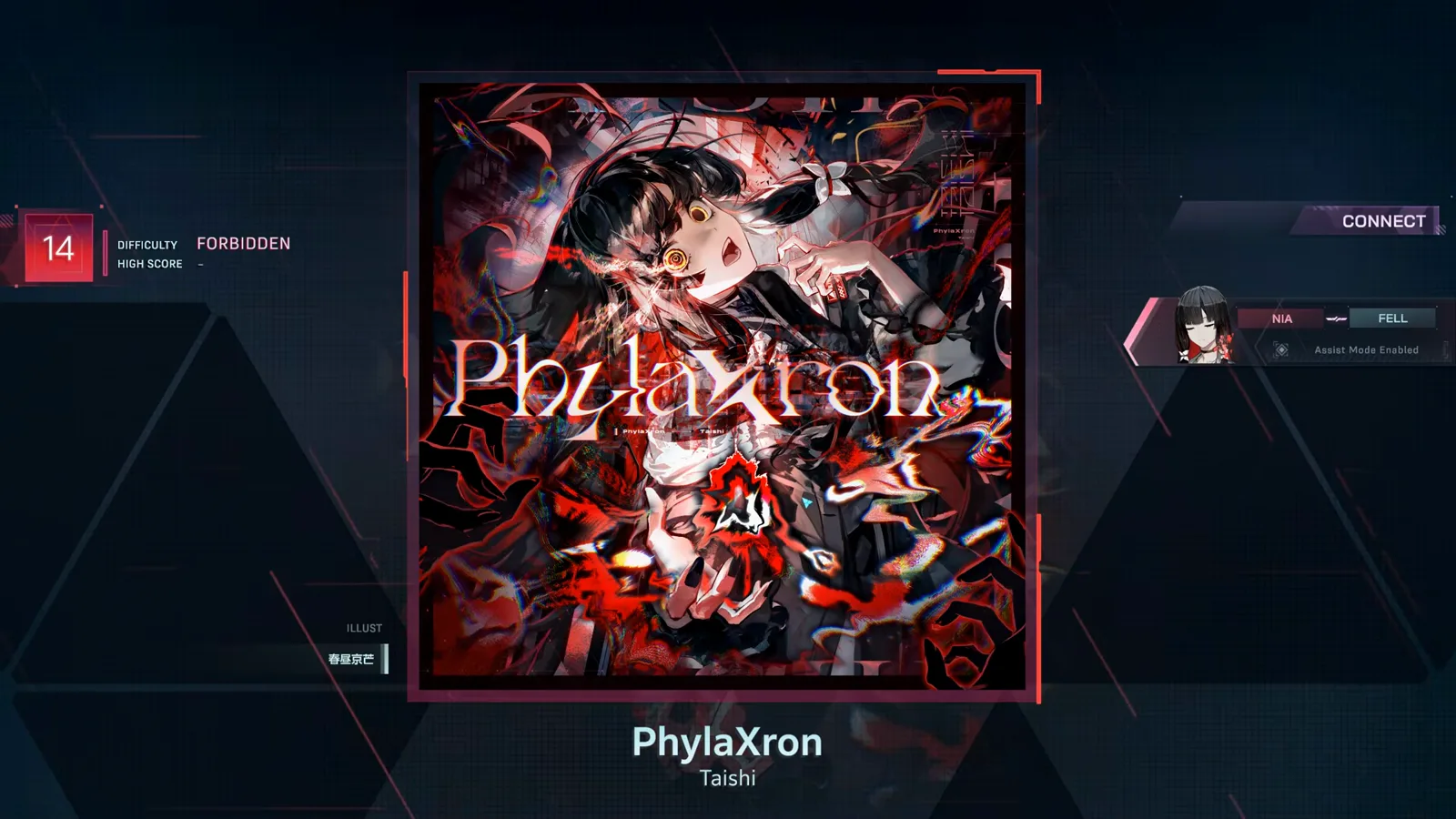 Detail screen, FORBIDDEN 14 In Falsus song-detail screen for PhylaXron showing a red 14 beside DIFFICULTY FORBIDDEN, HIGH SCORE —, the ILLUST 春星京芒 credit and the NIA ↔ FELL widget reading Assist Mode Enabled