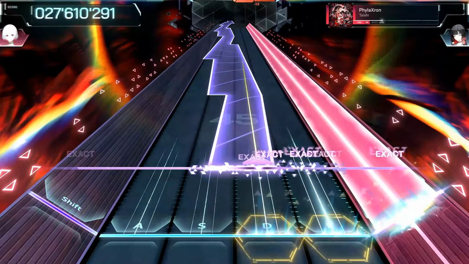 The violet zigzag In Falsus PhylaXron FBD 14 with a violet slab stepping down the lanes in a zigzag beside a wide pink beam on the right, combo watermark 45, at score 027'610'291