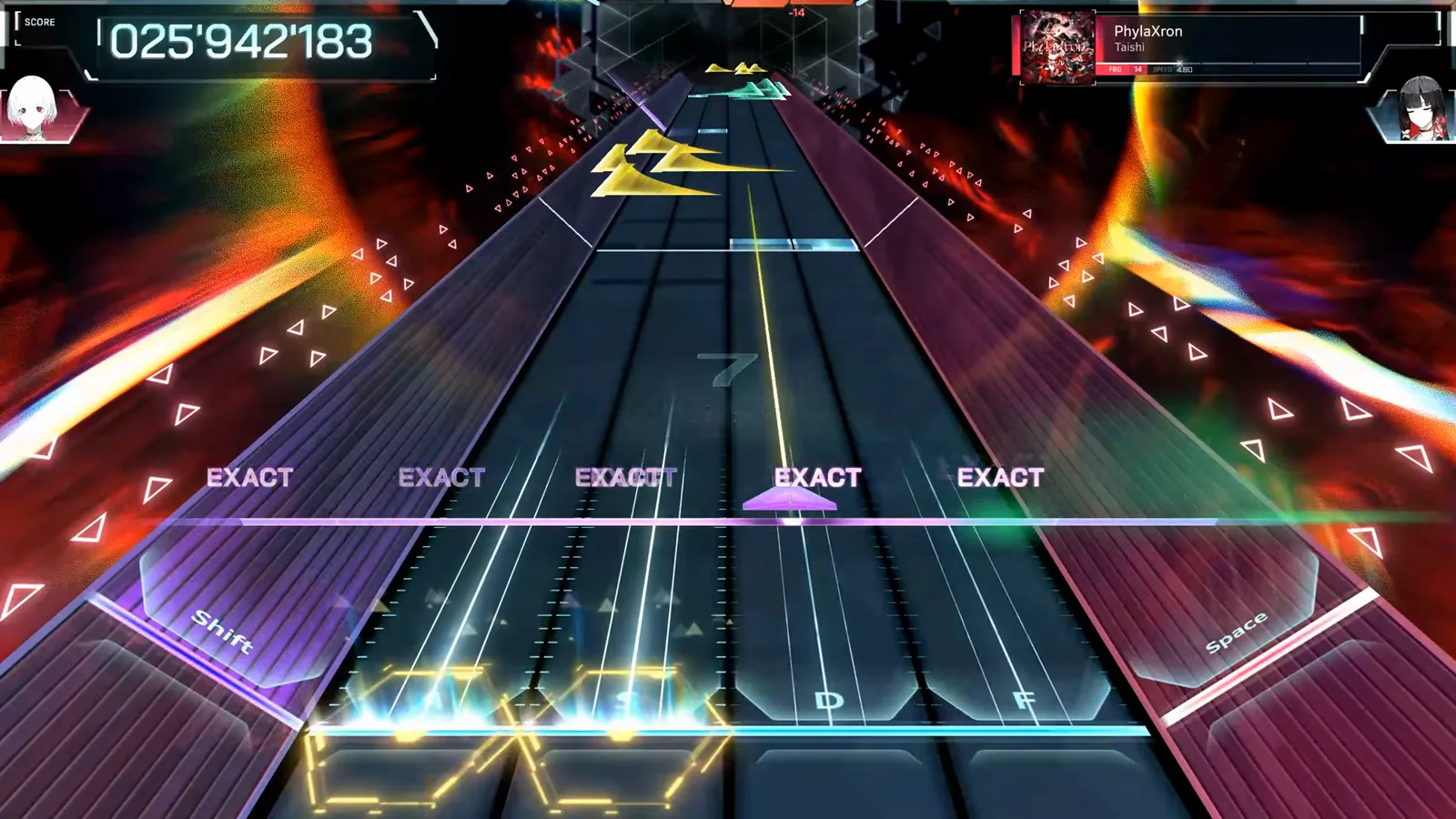 Yellow flick wedge rain In Falsus PhylaXron FBD 14 with yellow flick wedges raining across the upper lanes over a five-across EXACT row, combo watermark 7, at score 025'942'183