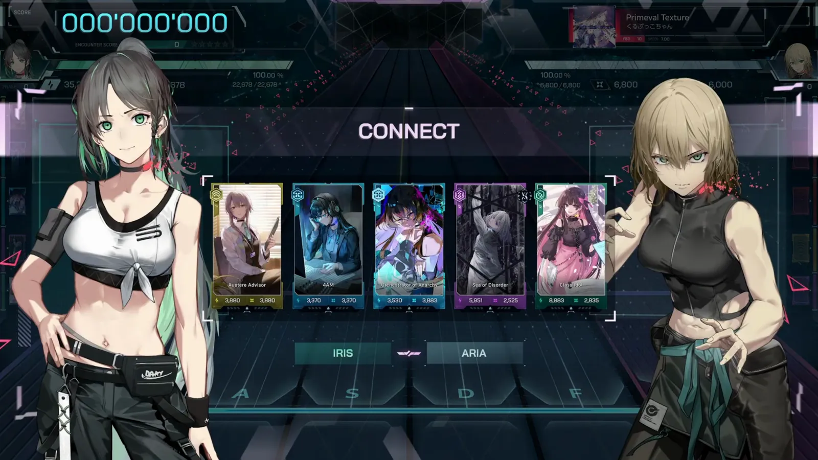 In Falsus Primeval Texture FBD 10 CONNECT loadout screen with IRIS and ARIA flanking five named cards before the dive starts