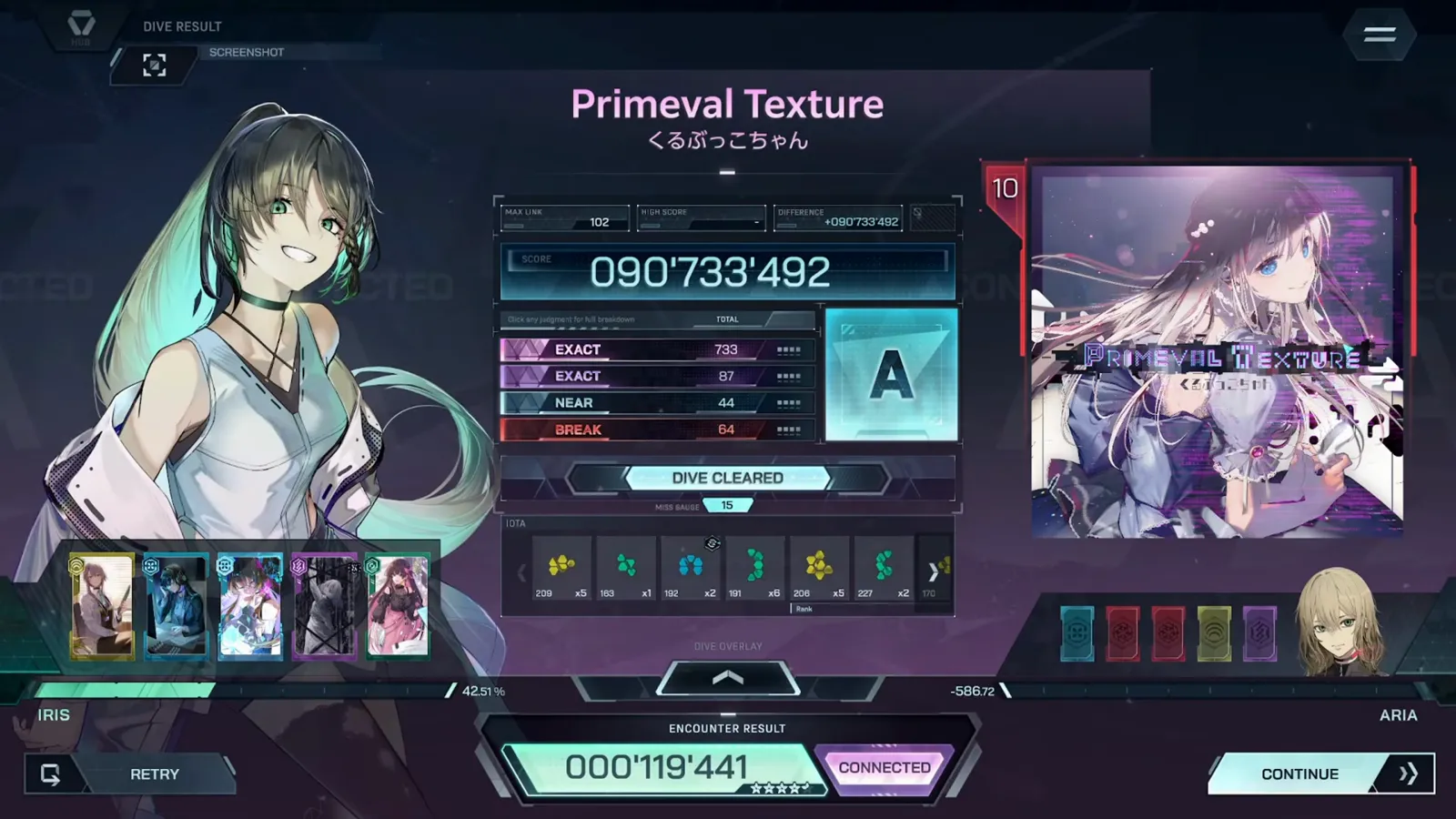 In Falsus Primeval Texture FBD 10 result card with EXACT 733, EXACT 87, NEAR 44, BREAK 64, rank A, MAX LINK 102 and a CONNECTED encounter chip at 000'119'441