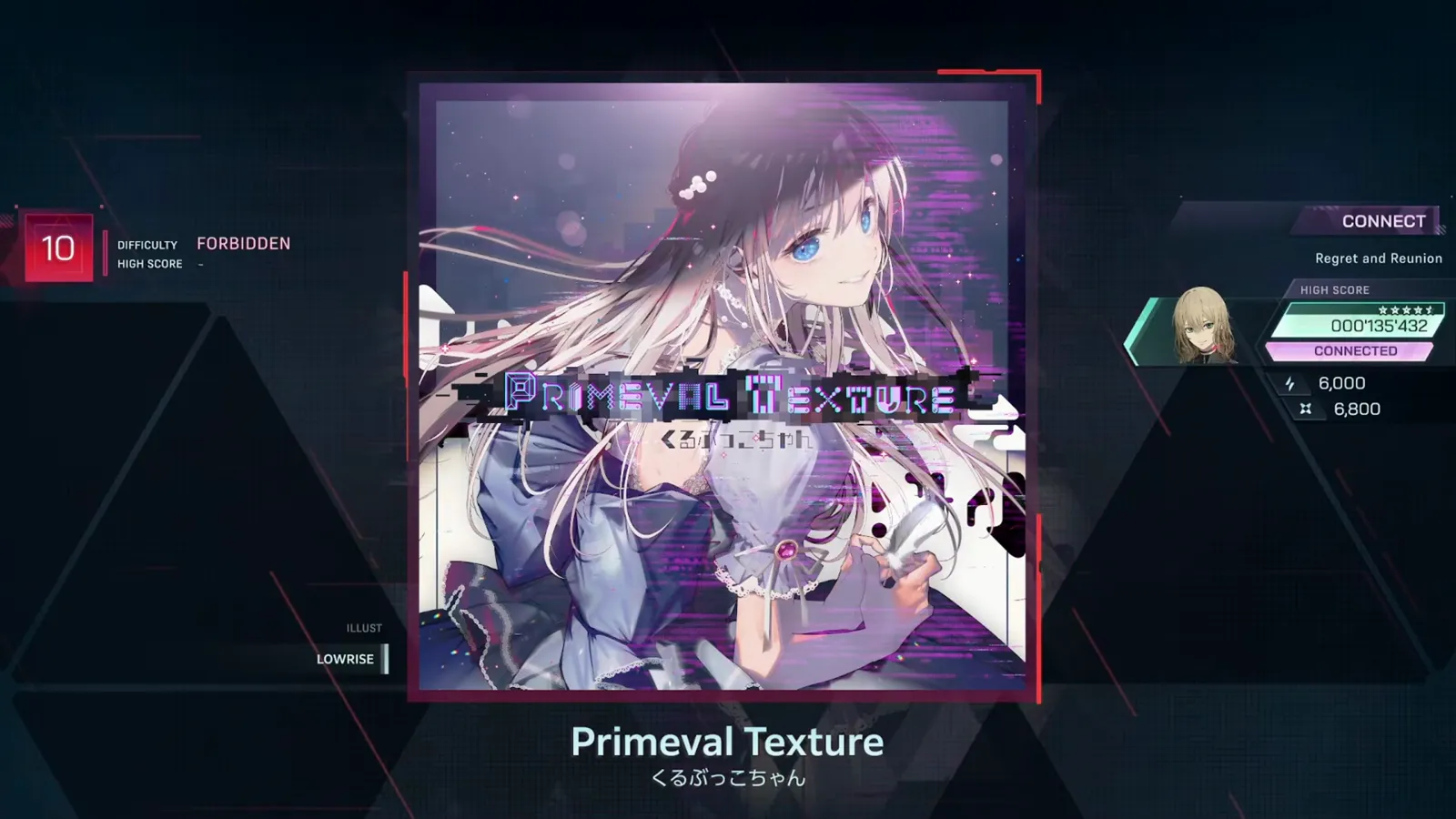 In Falsus Primeval Texture song detail screen showing DIFFICULTY FORBIDDEN 10, a HIGH SCORE dash and the CONNECT Regret and Reunion panel at 000'135'432