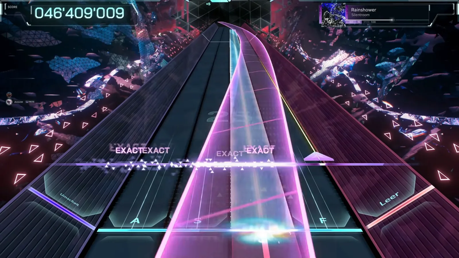 In FalsusのRainshower ULT 10初見プレイ中盤、紫の壁の手前で赤いBREAKがEXACT判定の隣に点滅し、スコアカウンターは046'409'009を示す