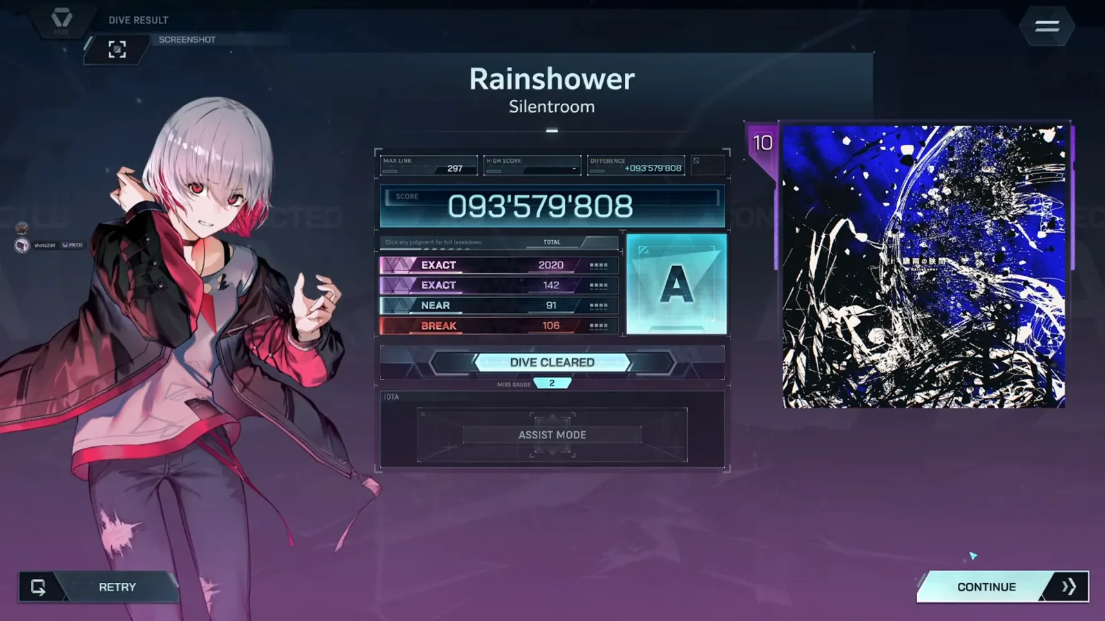 In FalsusのRainshower ULT 10 DIVE RESULTカード。ランクA、スコア093'579'808、EXACT 2,020 + 142、NEAR 91、BREAK 106が並び、DIVE CLEAREDバナーと「驟雨の狭間」のジャケット