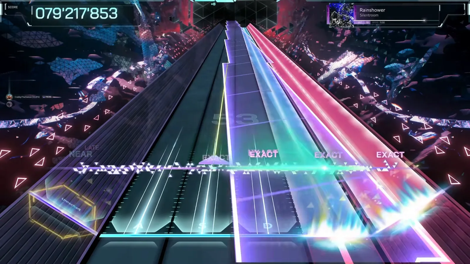 In FalsusのRainshower ULT 10レーンに三色の壁が積み重なる——左レーンに紫の壁、右にピンクの壁、間をシアンと白の流れが貫く