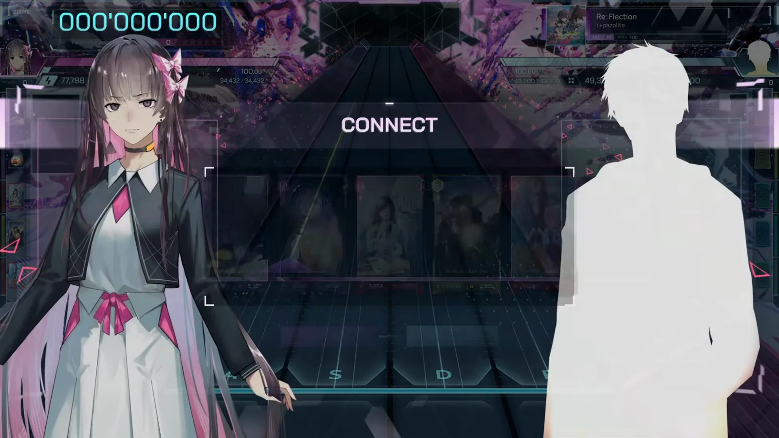 インファルサスの Re:Flection CONNECT 画面。Arc 3 のエンカウンター前に5枚のダイブデッキがコネクタキャラの隣に並ぶ