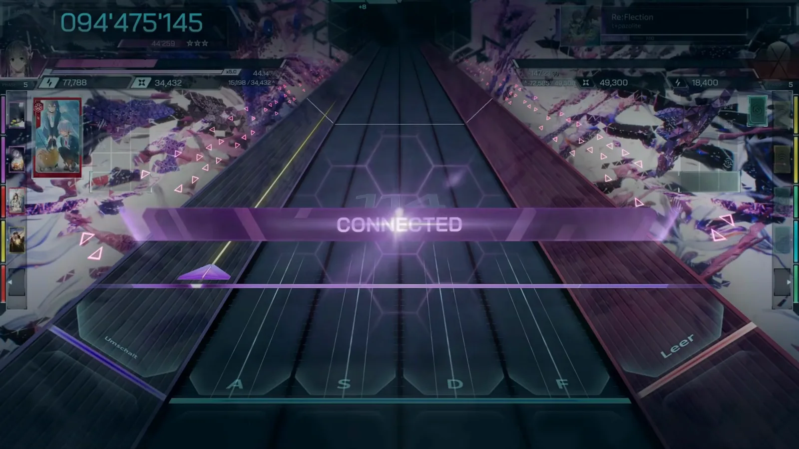 インファルサスの Re:Flection フィールドに CONNECTED バナー。HUD には初見の最終スコア 094'475'145