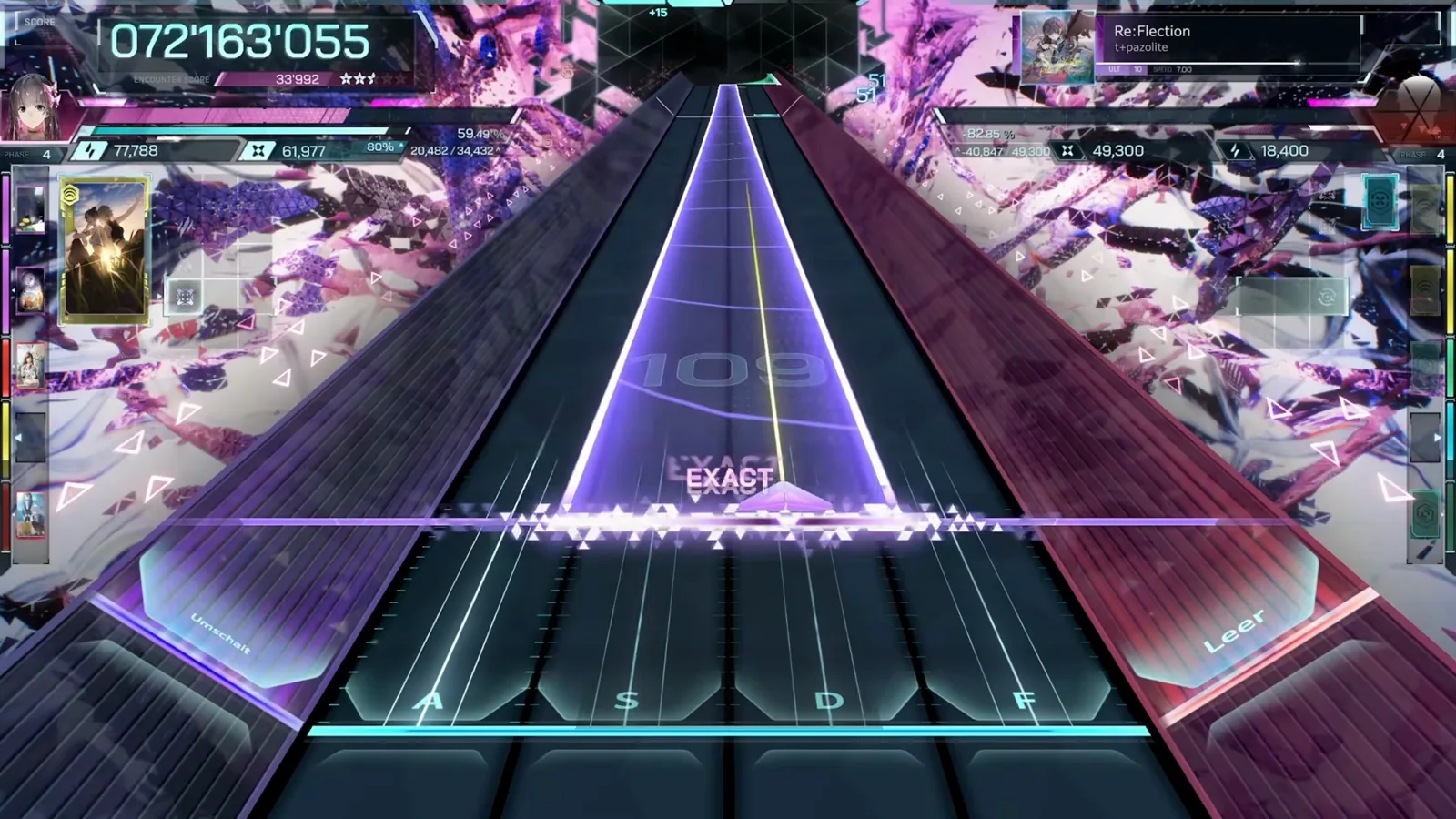 インファルサスの Re:Flection 終盤。水色の縁を持つワイドな三角ビームが中央レーンを横切る
