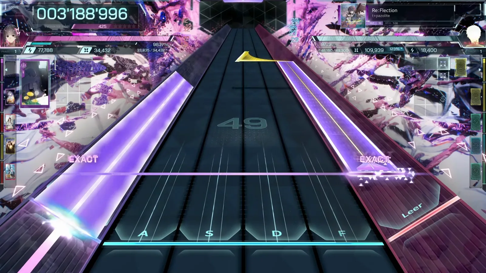 インファルサスの Re:Flection ULT 10 開幕。二本の紫ビームが外側レーンを押さえ EXACT 判定を重ねる場面