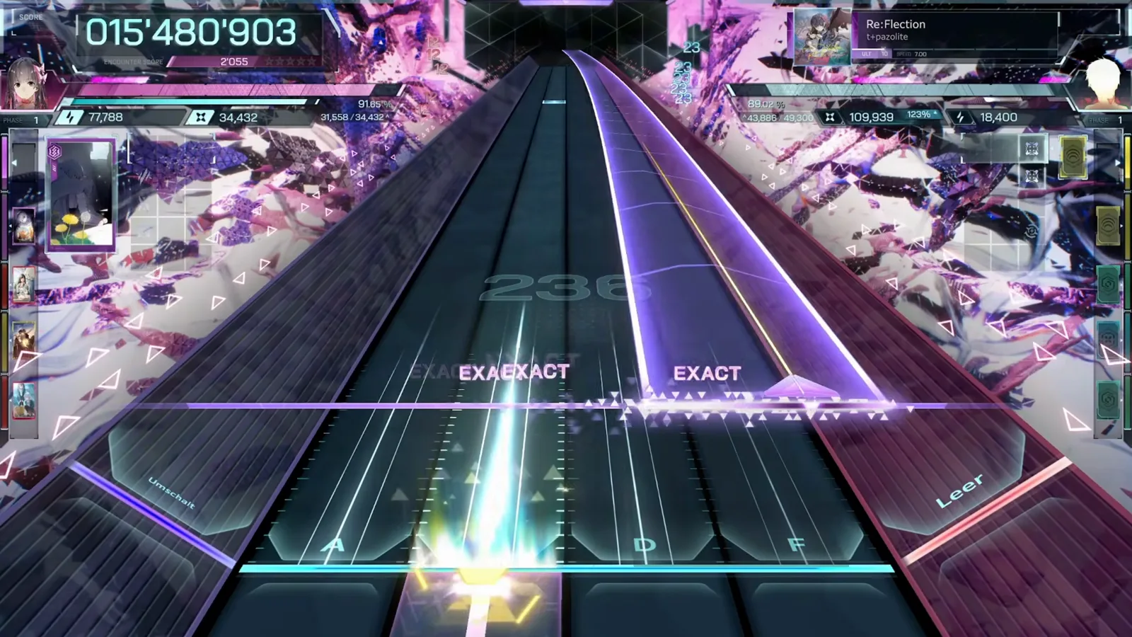 インファルサスの Re:Flection ULT 10 譜面。長い紫のホールドビームが右側レーンを押さえた状態