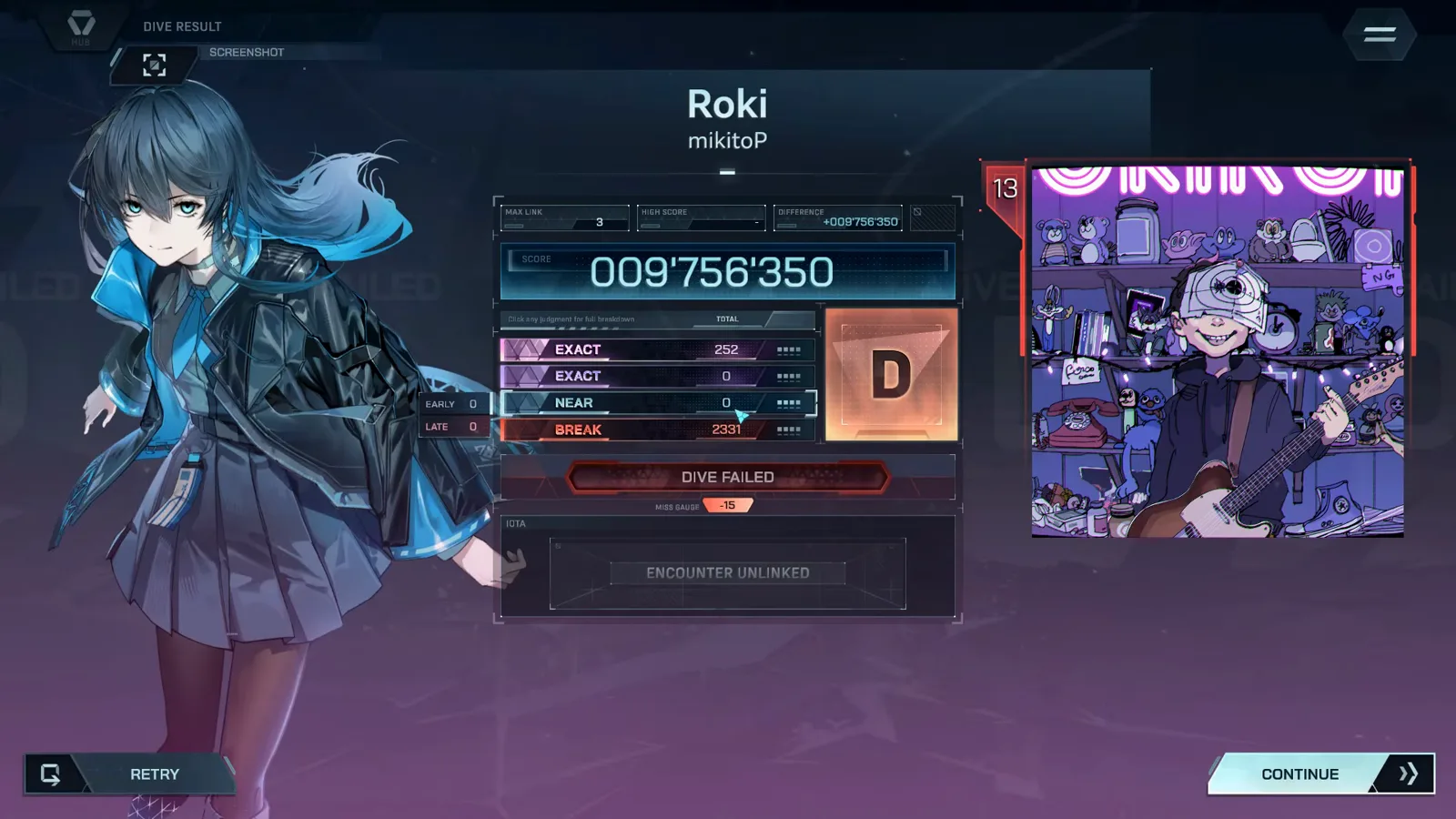 The In Falsus DIVE RESULT for Roki's FBD 13 chart view: rank D, DIVE FAILED, EXACT 252, BREAK 2331