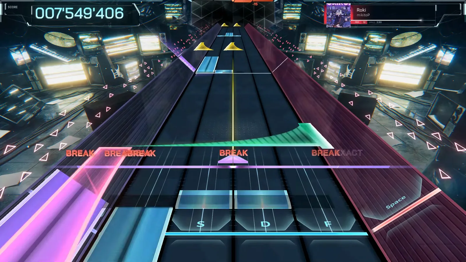 Violet slabs, a green wedge and yellow triangles layer into one attack as the Roki FBD 13 second chorus hits