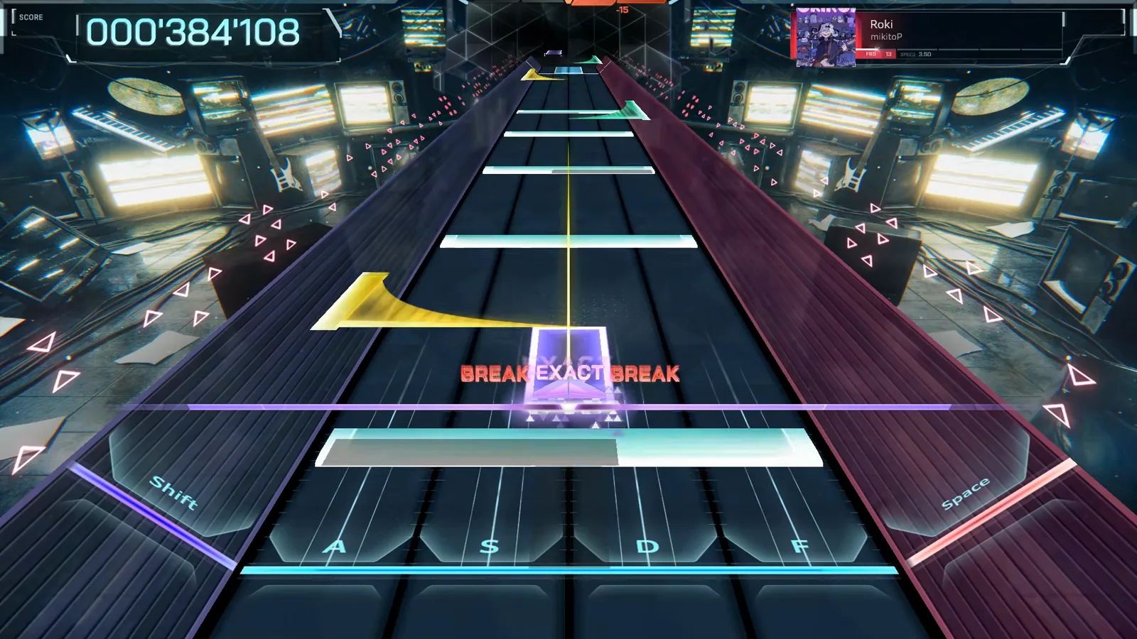 Long cyan hold slabs cross the judgement line at 000'384'109 in the opening stream of Roki's FBD 13 chart