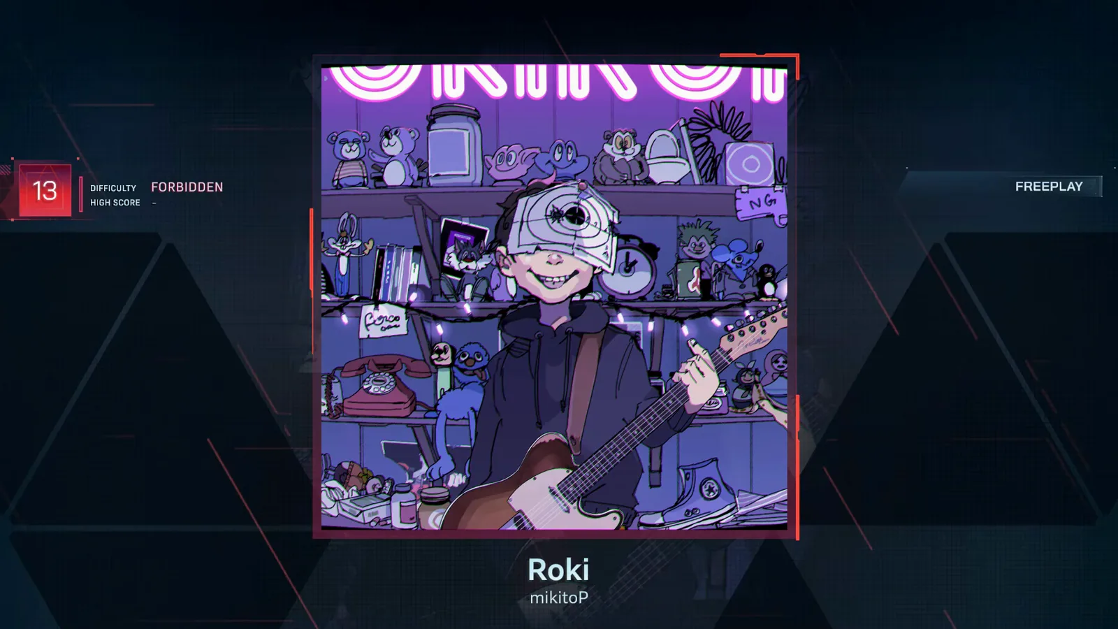 Freeplay menu card for Roki by mikitoP — In Falsus prints a red FORBIDDEN 13 chip beside the jacket art