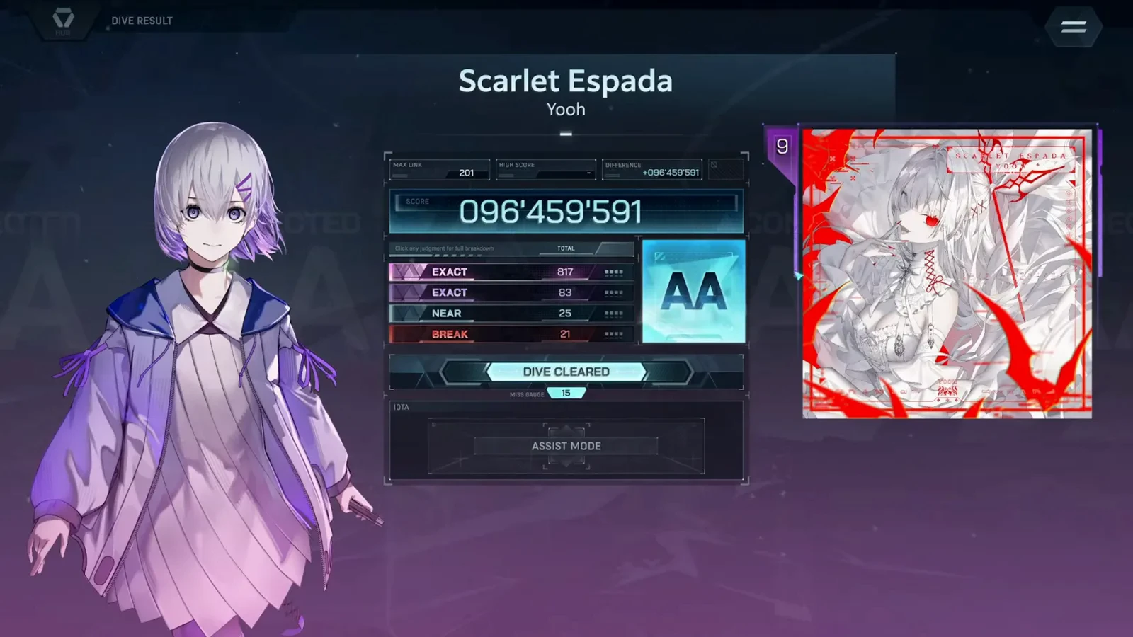 인 폴서스의 Scarlet Espada ULT 9 DIVE RESULT 화면: AA 등급, 점수 096'459'591, 판정 줄 817 EXACT, 83 EXACT, 25 NEAR, 21 BREAK