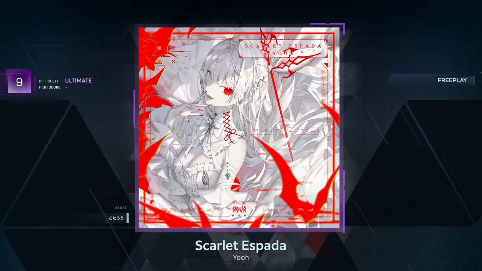 인 폴서스의 Scarlet Espada 상세 패널: ULTIMATE 9, FREEPLAY 모드, 빈 하이스코어 칸. 첫 사이트리드 직전의 확인 장면