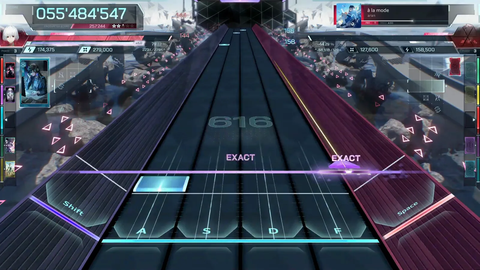 Step 1: Hit Notes on the Judgment Line for Gold EXACT In Falsus gold EXACT judgements landing on the judgment line across 6 keyboard lanes in à la mode at score 023,649,994