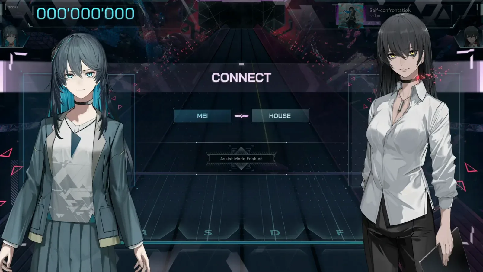 CONNECT intro — MEI × HOUSE In Falsus CONNECT intro pairing MEI with HOUSE above the empty ULT highway of Self-confrontatioN, the Assist Mode Enabled plate lit under a 000'000'000 score