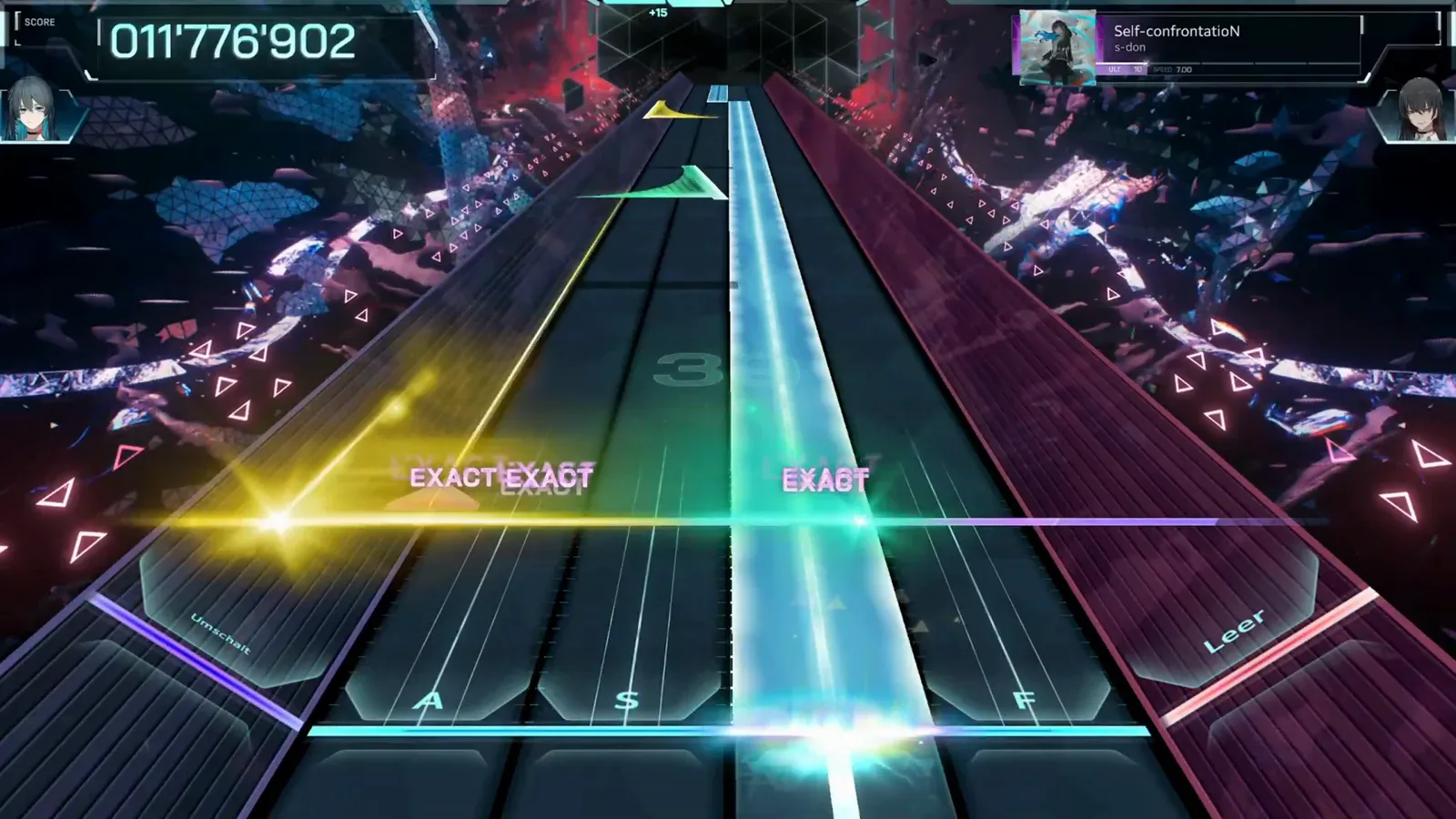 Crossing beams — the first signature In Falsus Self-confrontatioN ULT chart with a yellow diagonal laser and a teal wall of light crossing the judgment line for stacked EXACT EXACT popups