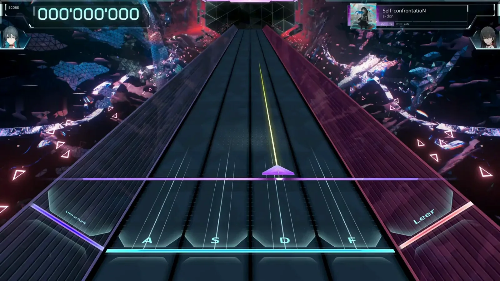 Opening taps at score zero In Falsus ULT 10 opening of Self-confrontatioN with the first tap triangles sliding toward the A S D F judgment line while the score reads 000'000'000