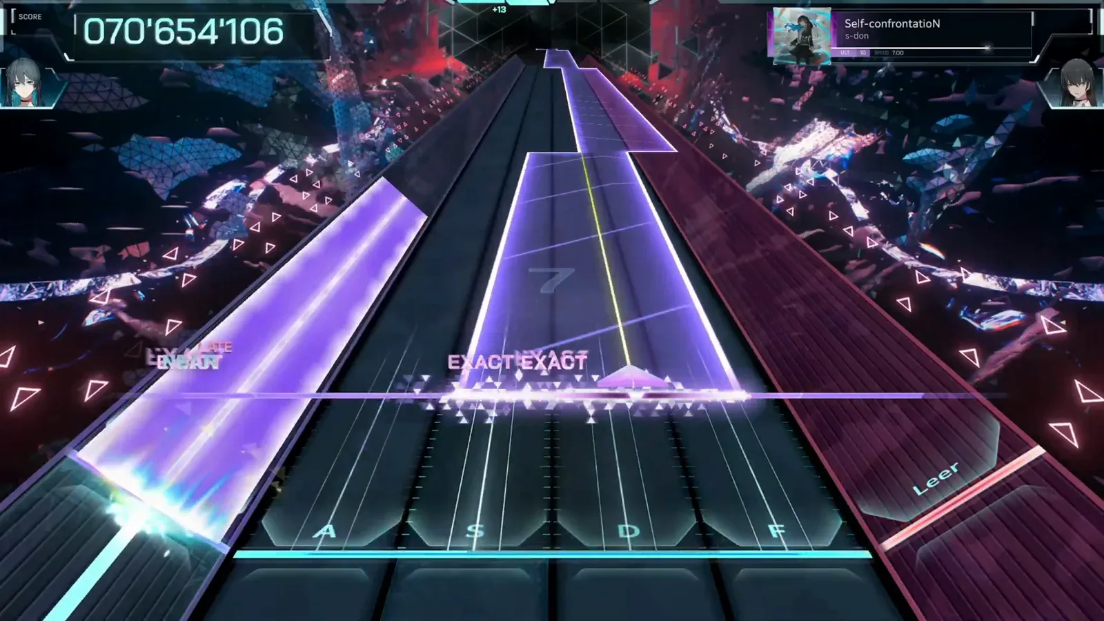 Late chart — the purple hold wall In Falsus Self-confrontatioN late chart stacking a wall of purple hold plates through an EXACT EXACT cluster past score 070'654'106