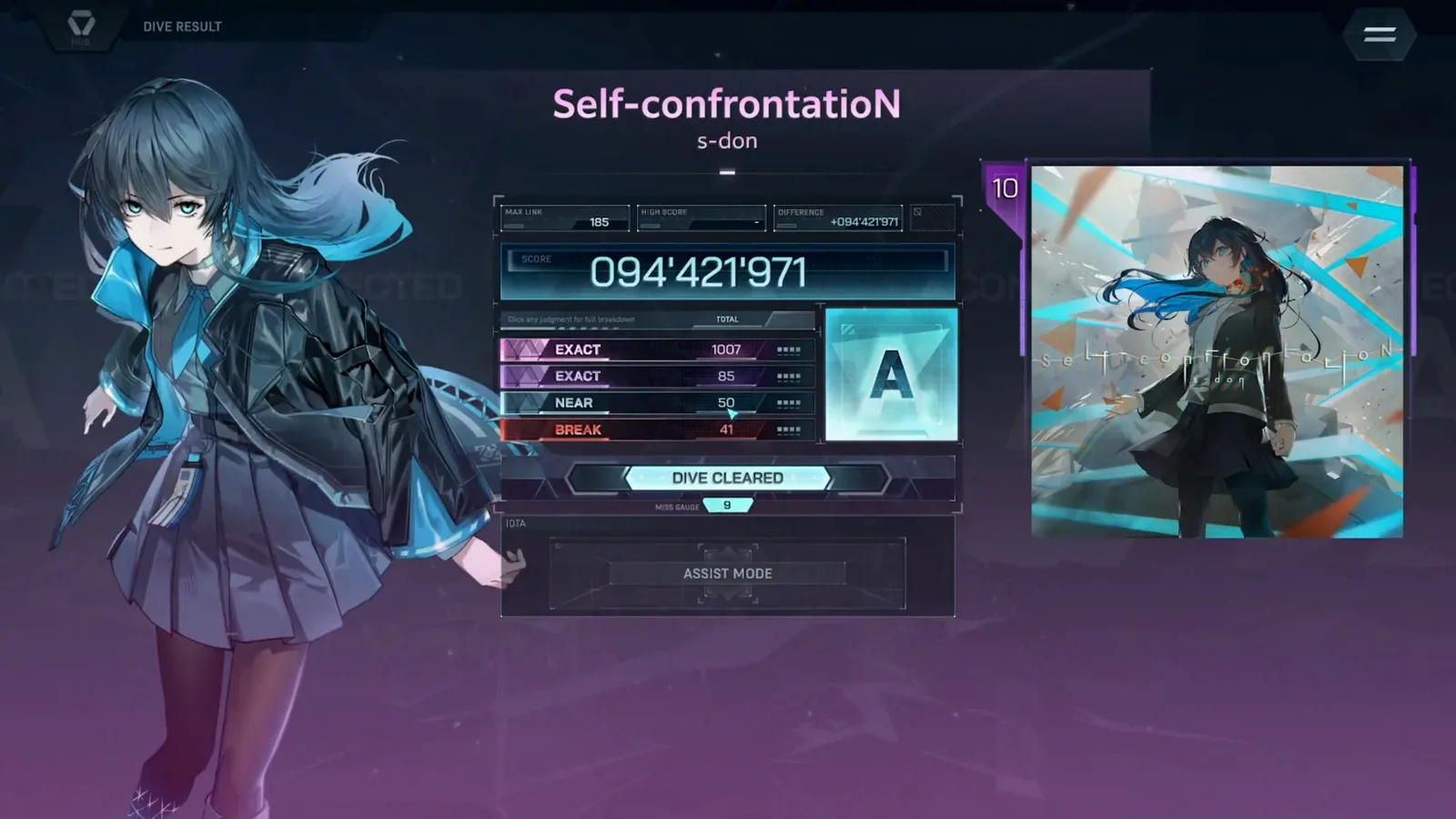 Result card — rank A, digit by digit In Falsus DIVE RESULT card for Self-confrontatioN ULT 10 showing score 094'421'971, rank A, EXACT 1007 + 85, NEAR 50, BREAK 41, MAX LINK 185 and MISS GAUGE 9