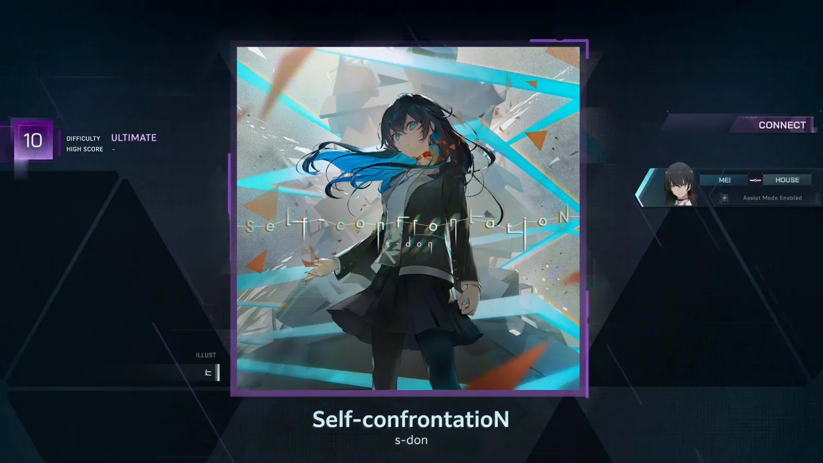 Song detail — ULTIMATE 10 selected In Falsus song detail screen for Self-confrontatioN by s-don, badge on 10 with DIFFICULTY ULTIMATE and HIGH SCORE showing a dash before the first run