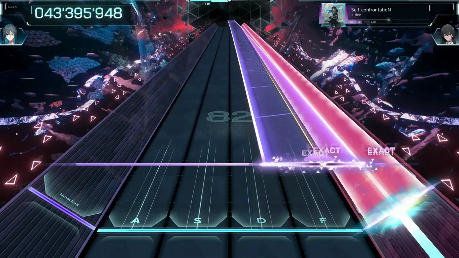 Chorus bridge — the wide pink beam In Falsus Self-confrontatioN chorus bridge with a single wide pink beam flooding the right lanes while EXACT EXACT judgments continue underneath