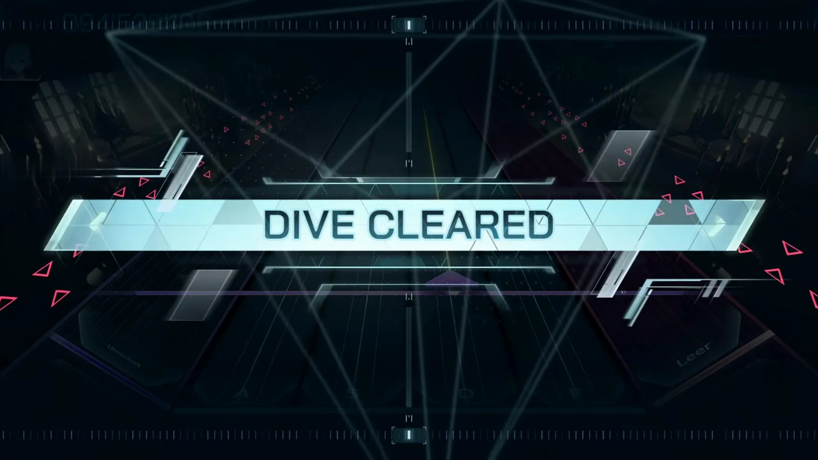 DIVE CLEARED — Shadows of Unknown ULT 10 DIVE CLEARED banner in cyan sliding over the In Falsus highway after the final note of Shadows of Unknown ULT 10