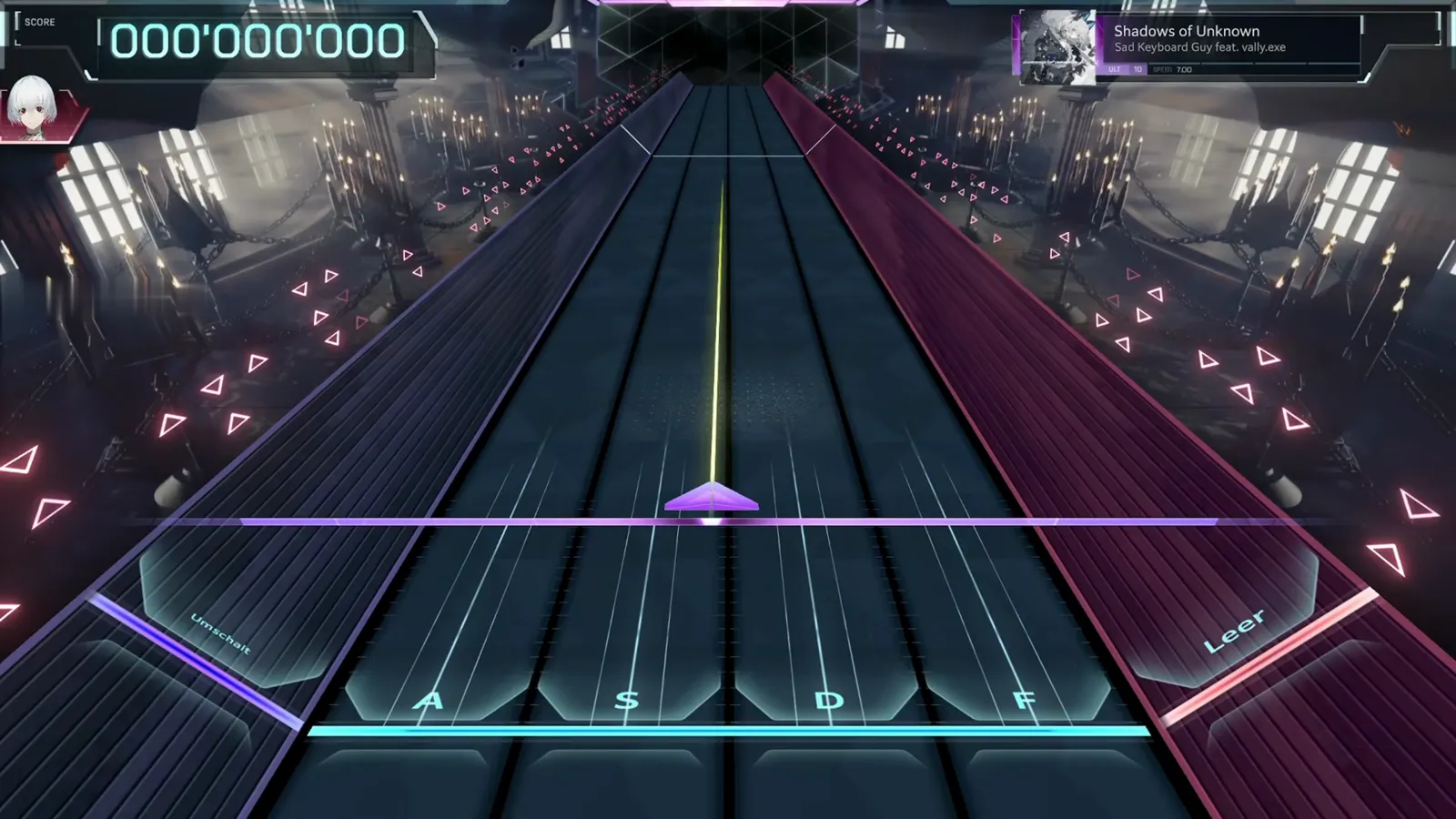Zeroed ULT 10 highway — A S D F lanes, SPEED 7.00 In Falsus ULT 10 highway for Shadows of Unknown at 000'000'000 with A S D F lanes, Umschalt and Leer side lanes and the ULT 10 SPEED 7.00 HUD card