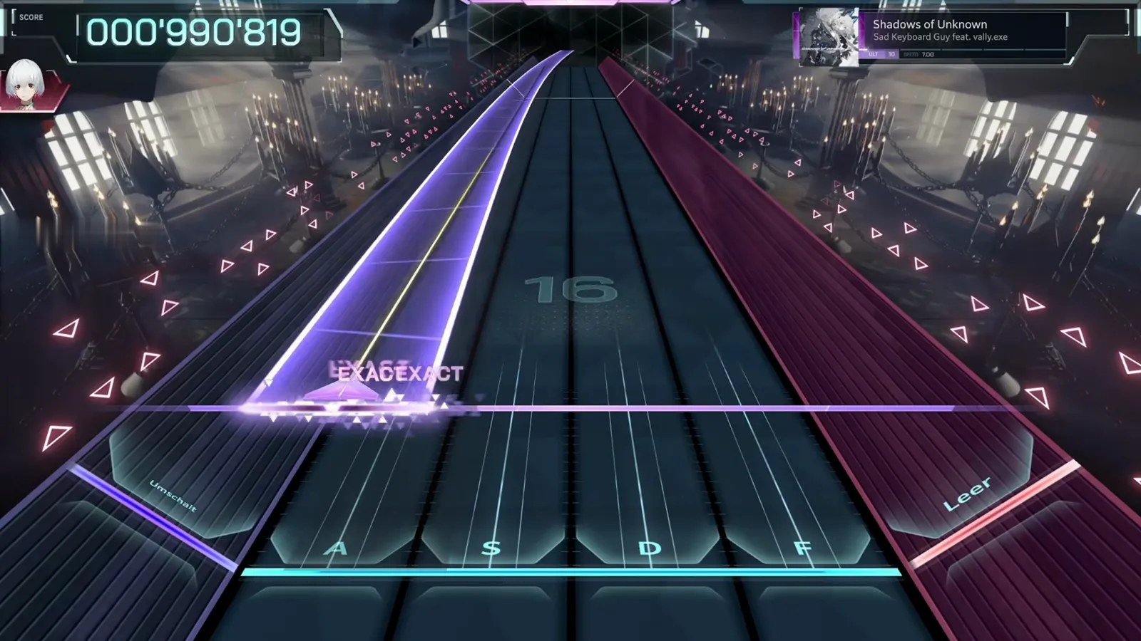 Opening beam sweep — triple EXACT at 000'990'819 First notes of Shadows of Unknown ULT 10 in In Falsus: one wide violet beam sweeping across the lanes and striking three EXACT judgments at 000'990'819