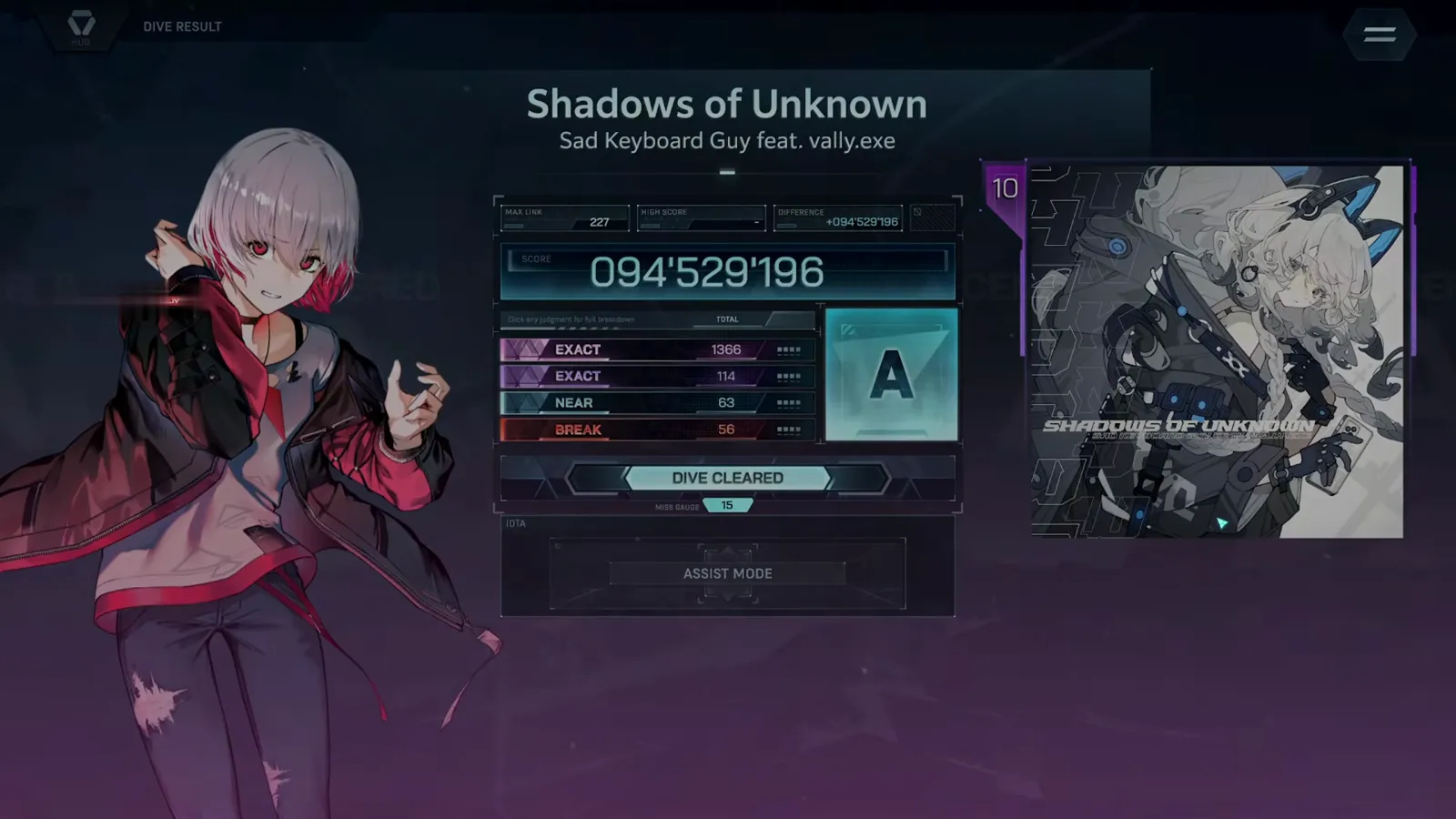 DIVE RESULT — rank A at 094'529'196 In Falsus DIVE RESULT card for Shadows of Unknown ULT 10: score 094'529'196, rank A, MAX LINK 227, EXACT 1,366 + 114, NEAR 63, BREAK 56, MISS GAUGE 15