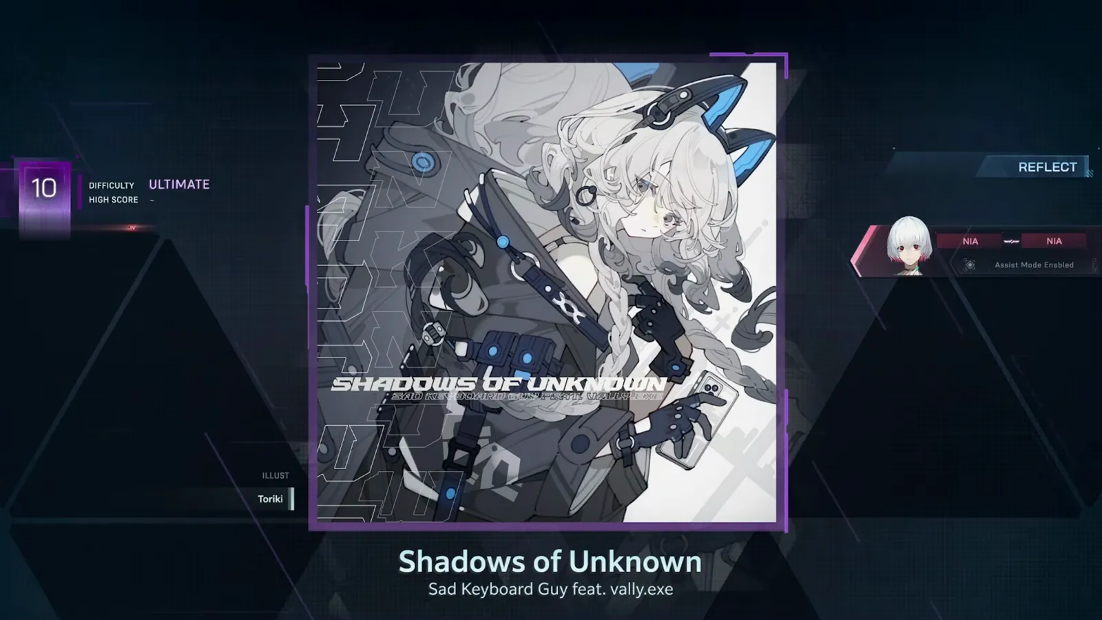 Shadows of Unknown song card — ULTIMATE 10, HIGH SCORE "-" In Falsus song card for Shadows of Unknown showing DIFFICULTY ULTIMATE level 10, HIGH SCORE "-" and a REFLECT partner chip reading Assist Mode Enabled