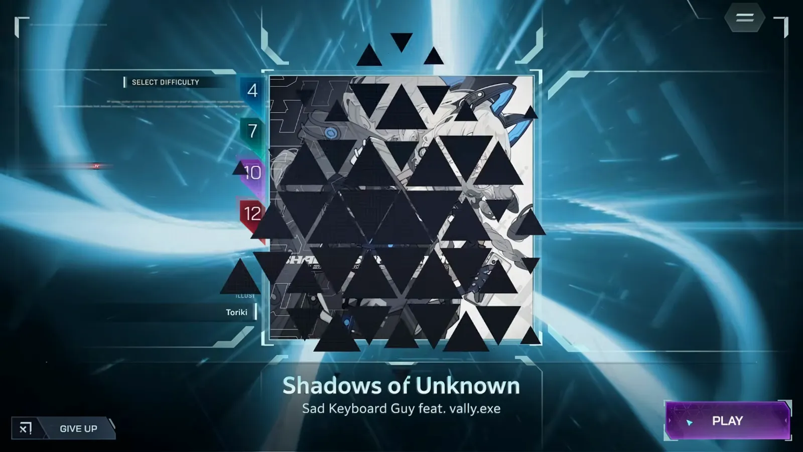 Shadows of Unknown song select — difficulty rail 4 · 7 · 10 · 12 In Falsus song select screen for Shadows of Unknown with the SELECT DIFFICULTY rail reading 4, 7, 10, 12 and a purple PLAY button on the right