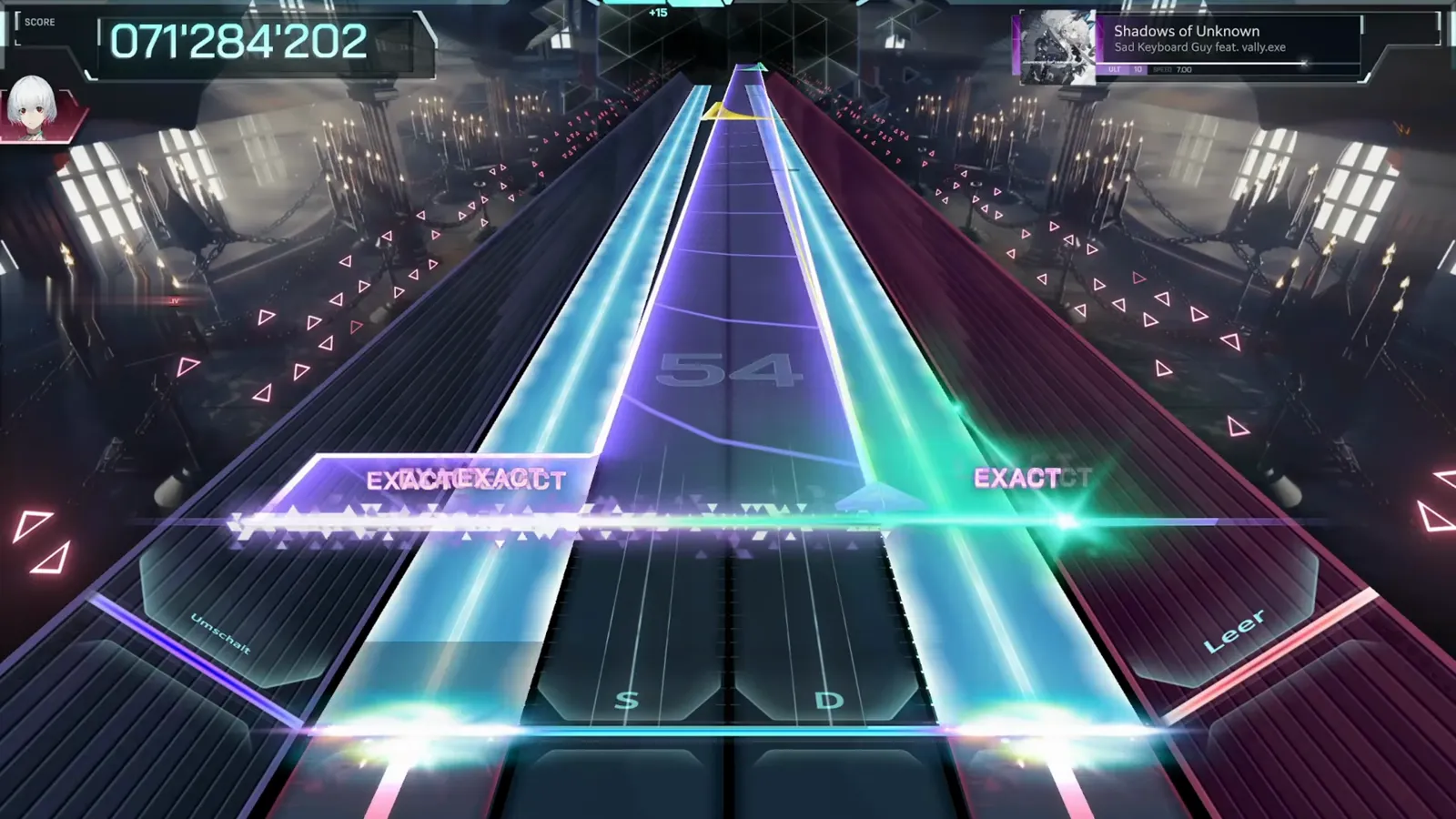 Translucent panel finale with twin cyan beams Blue translucent panel over the center lanes of Shadows of Unknown ULT 10 while twin cyan beams descend and a green splash flares on the right