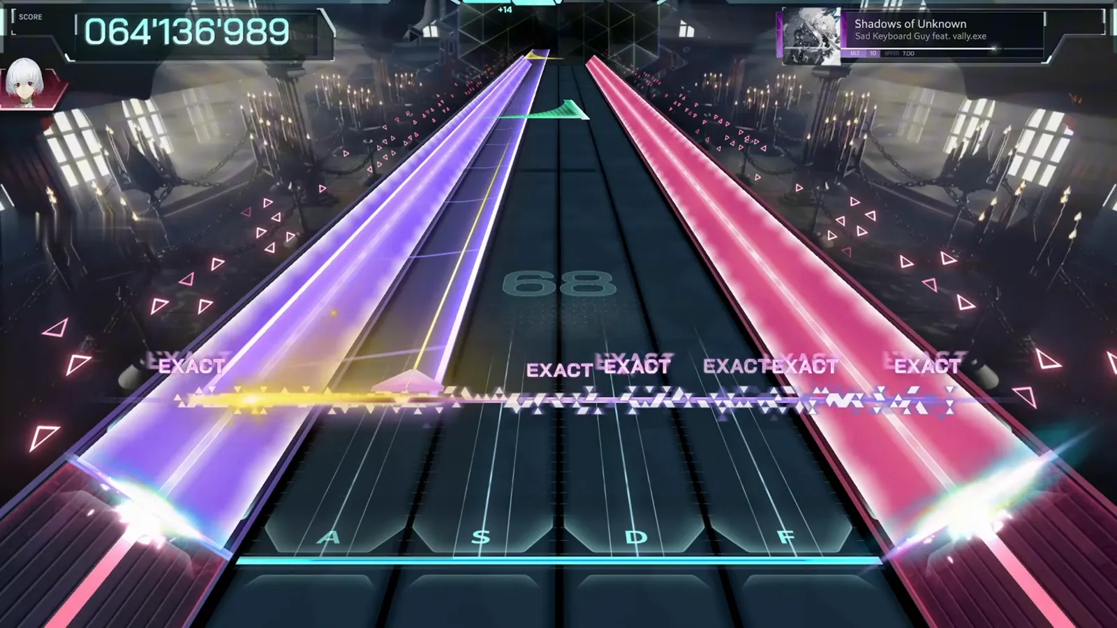 Twin side walls — violet left, pink right Shadows of Unknown ULT 10 climax in In Falsus: a violet beam wall on the left and a hot pink wall on the right sandwiching a dark center lane