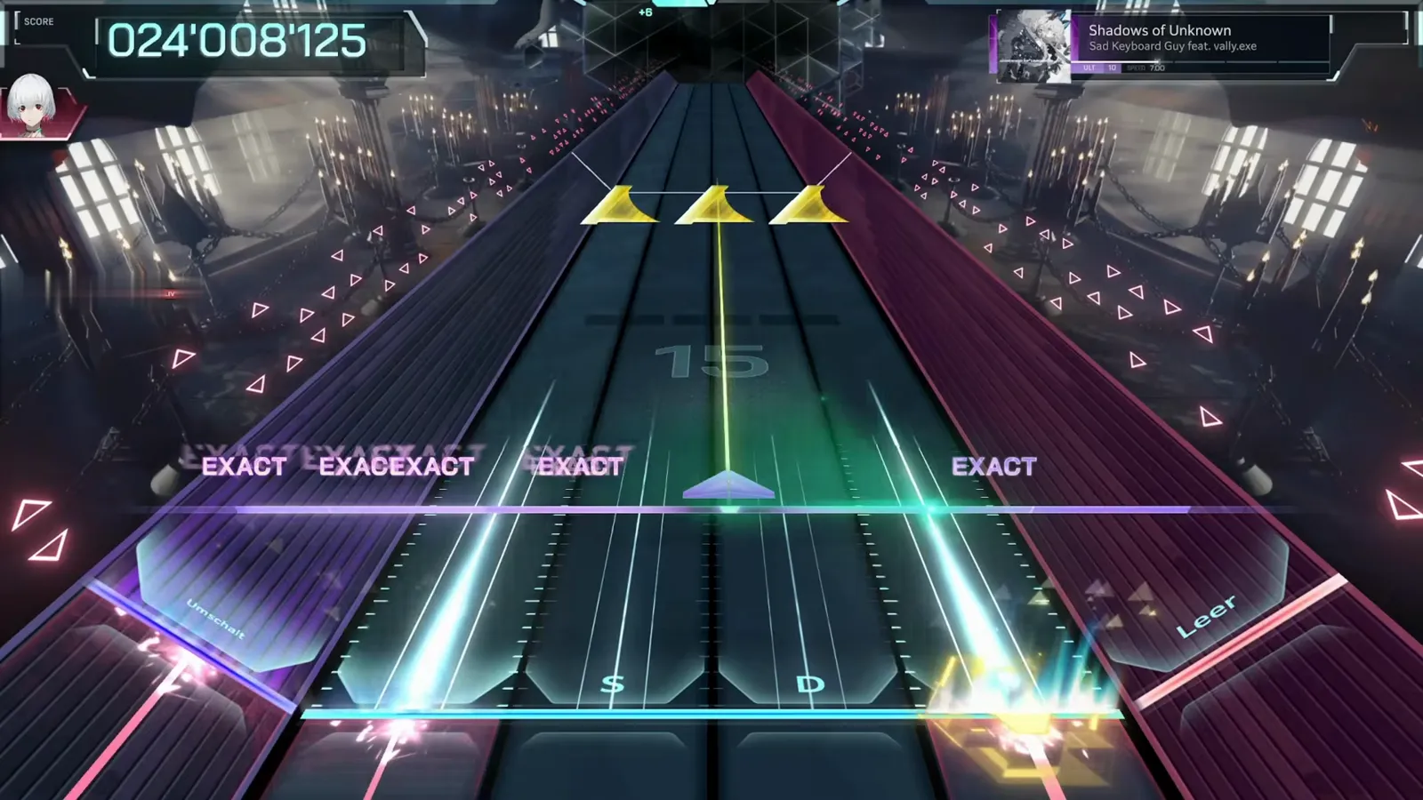 Yellow flick trio across the lanes Three yellow flick arrows lined up in a row across the In Falsus lanes in Shadows of Unknown ULT 10, with an EXACT chain running underneath