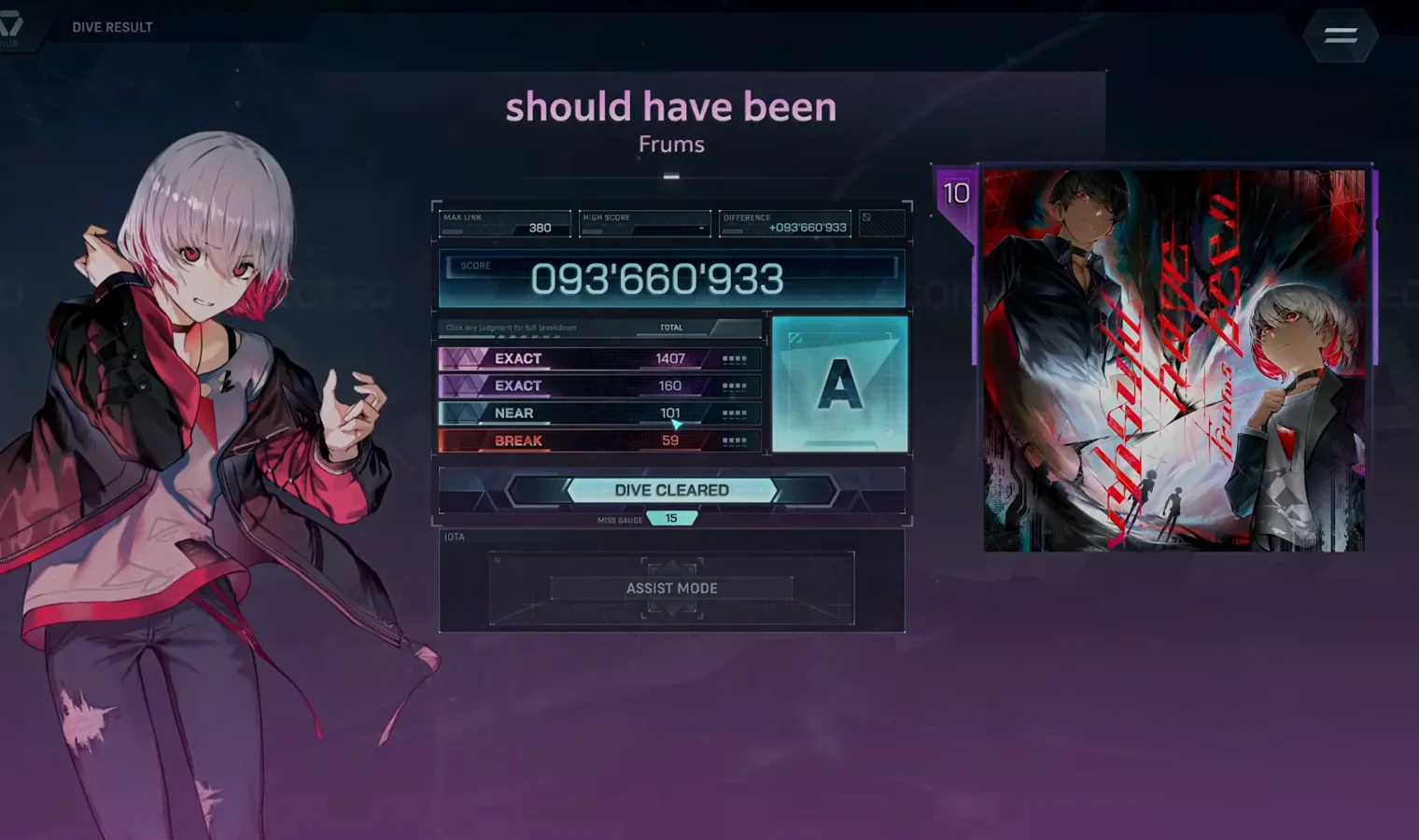 In Falsus の Should have been ULT 10 リザルト画面。ランクA、スコア 093'660'933、DIVE CLEARED、MAX LINK 380、EXACT 1407 と BREAK 59 を表示