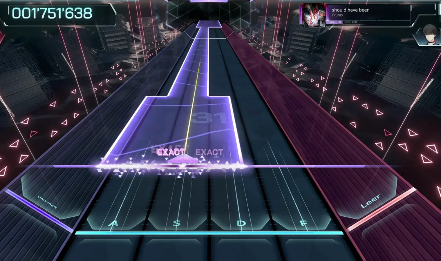 In Falsus の Should have been ULT 10 譜面。開幕数秒で階段状の紫ビームが A S D F レーンを段階的に降りて判定線に着地する